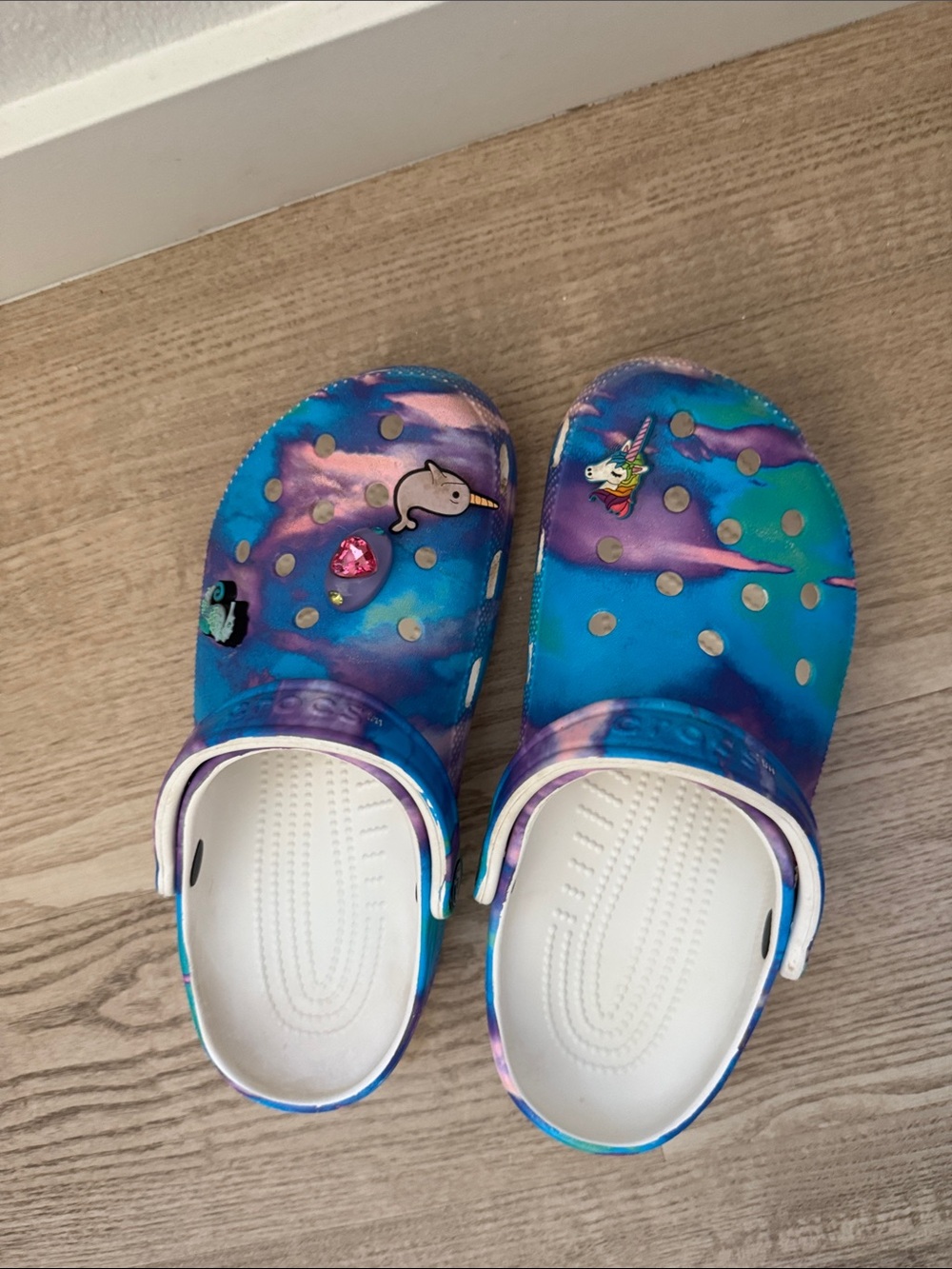 CROCS Blue & Purple Tie-Dye Clog Mules with Unicorn Charms